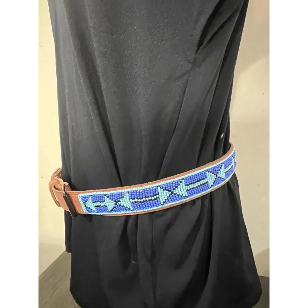 70s Vtg Hand Beaded Blue Southwestern Pattern Tan Leather Belt 35" - Picture 2 of 7